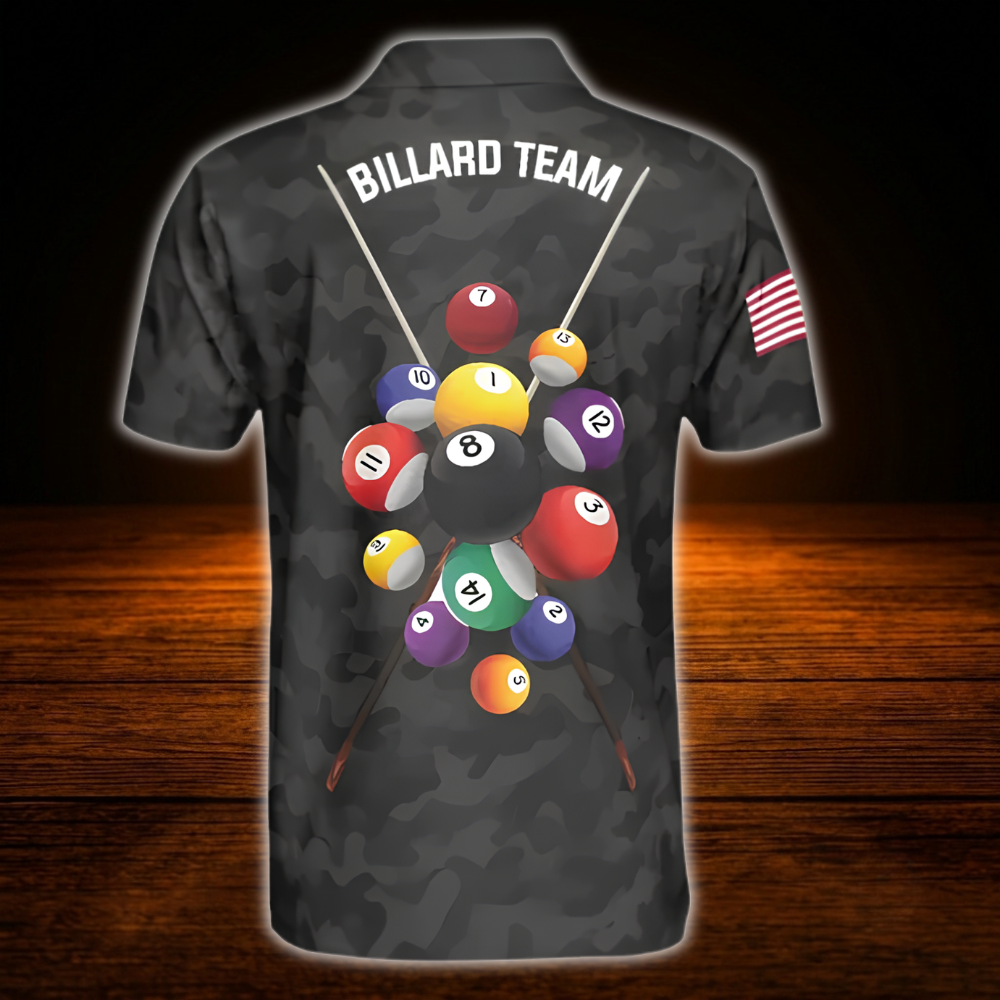 Custom Camo Black Grey Billiard Men Polo Shirt, Custom Camo Billiard Team Shirt