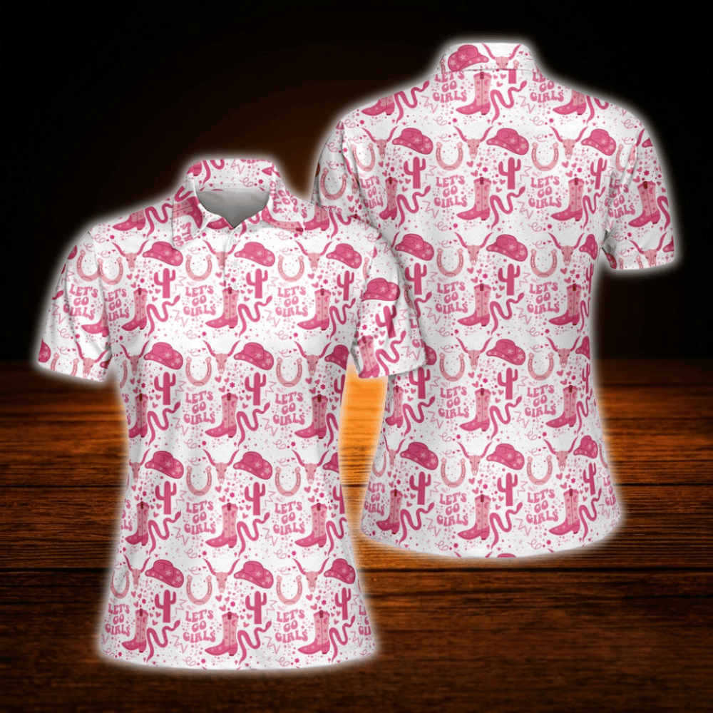 Let's Go Girl White And Pink Cowgirl Women's Polo Golf Shirts, Western Golf Shirts For Ladies