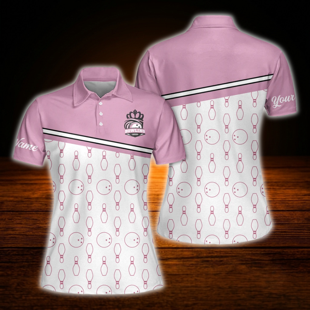 Custom Pink And White Women Bowling Polo Shirts, Custom Bowling Shirts For Women