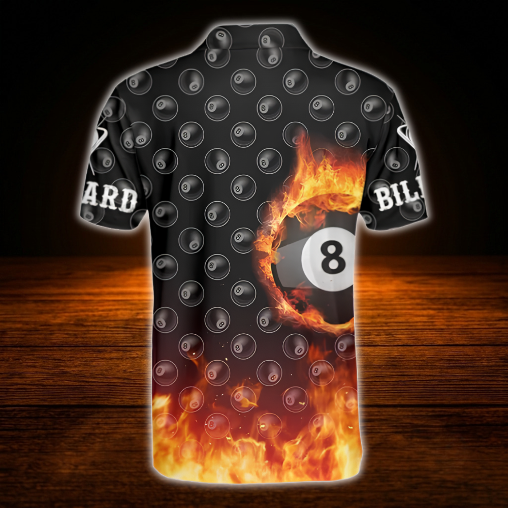Custom 8 Bal Fire Men's Billiard Polo Shirt, Custom Flame Billiard Shirt Team