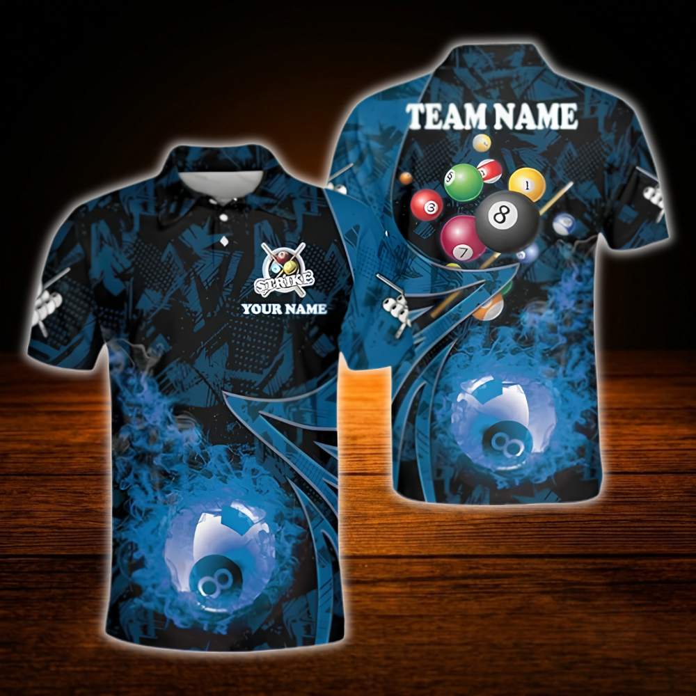 Custom 8 Ball Fire Men's Billiard Polo Shirt, Custom Flame Billiard Team Shirt