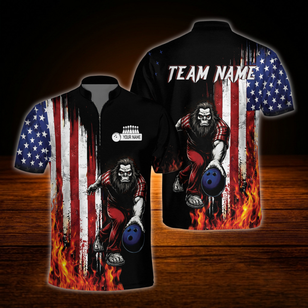 Custom Bigfoot Mens American Flag Bowling Jersey Shirt, Custom Patriotic Bigfoot Bowling Team Shirts