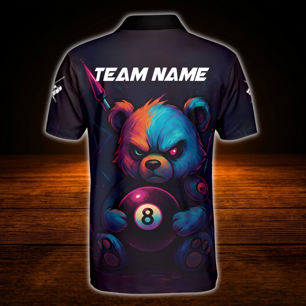 Custom Angry Bear 8 Ball Billiard Mens Polo Shirt, Custom Team Bear Billiard Shirt