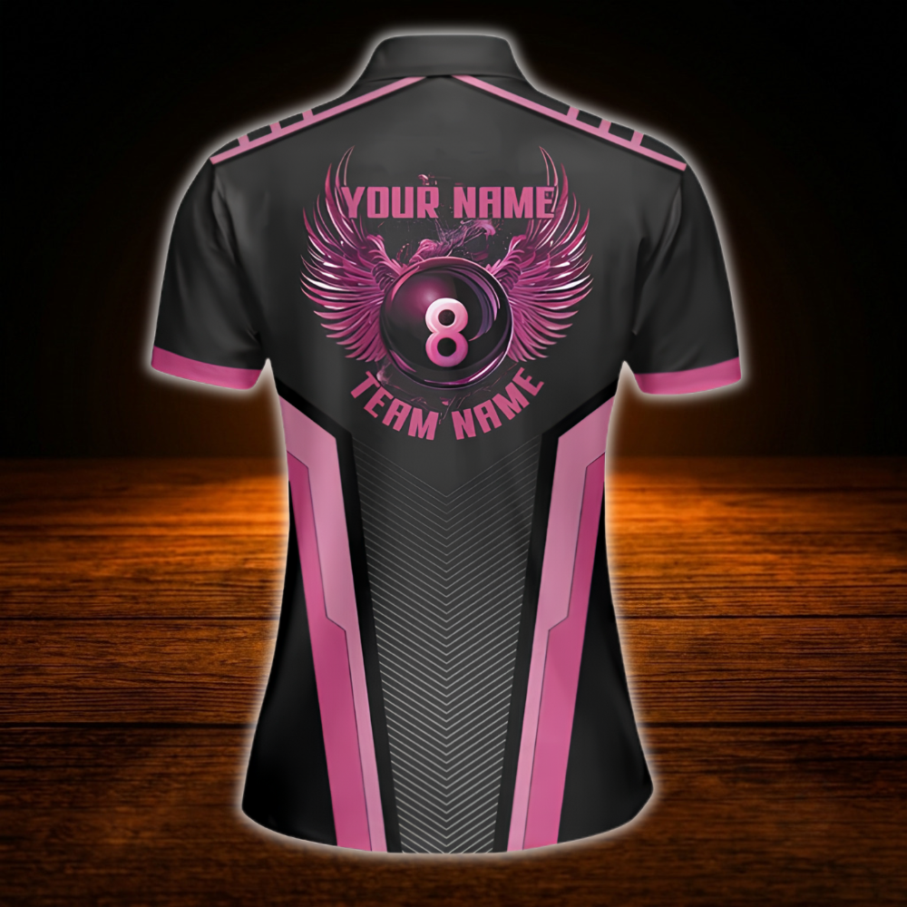 Women's Custom 8 Ball Black Pink Billiard Polo Shirt, Custom Billiard Team Shirt For Ladies
