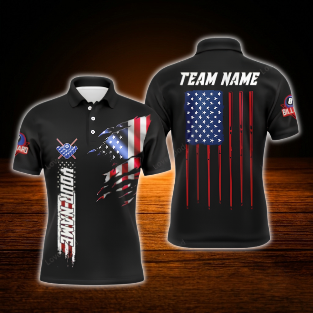 Custom USA Flag Black Billiard Polo Shirt Men, Custom Team Patriotic Billiard Shirt