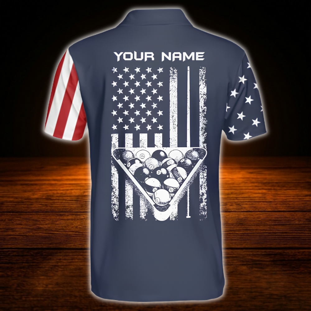 Custom USA Flag Navy Billiard Mens Polo Shirt, Custom Patriot Billiard Team Shirt