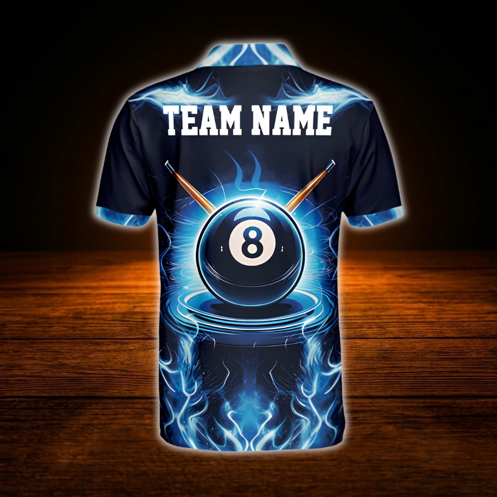 Custom 8 Ball Blue Lightning Billiard Men Polo Shirt, Custom 8 Ball Billiard Shirt Team
