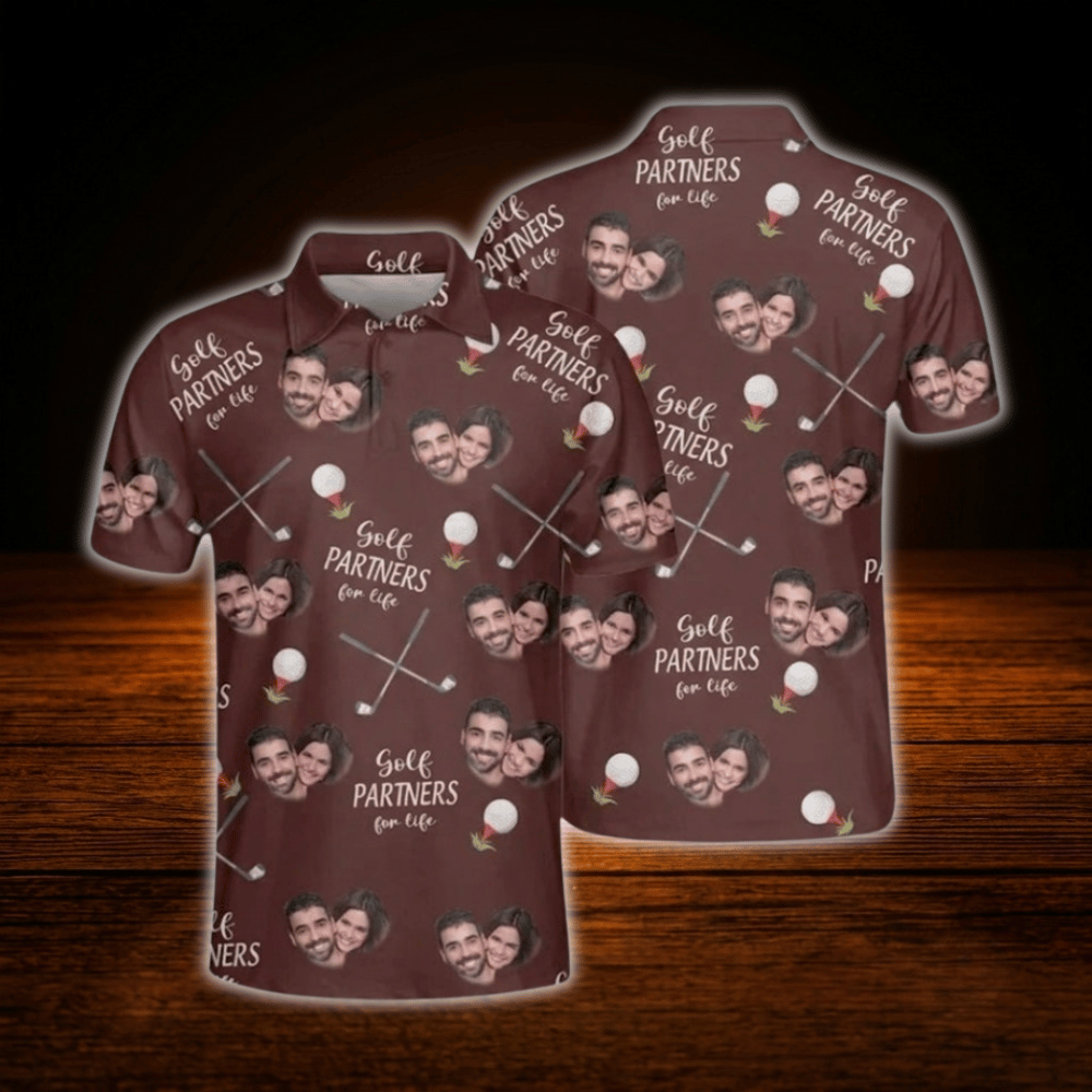 Golf Partners For Life Custom Face Matching Golf Polo Shirt For Men And Women, Custom Photo Couples Golf Shirts
