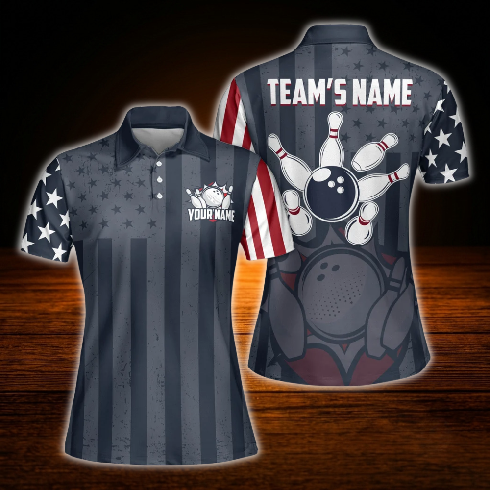 Custom American Flag Women Bowling Polo Shirts, Custom Patriotic Bowling Team Shirts For Women