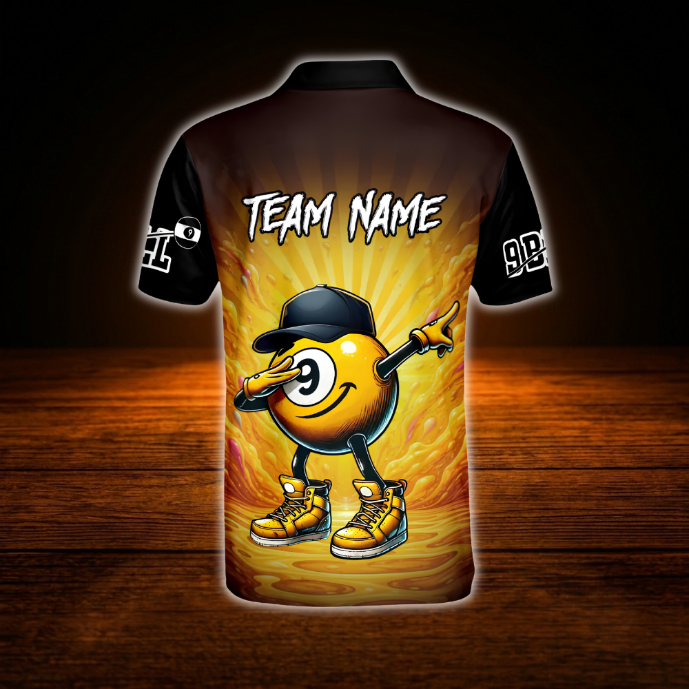 Funny 9 Ball Custom Mens Billiard Polo Shirt Black And Yellow, Custom Team 9 Ball Billiard Shirt