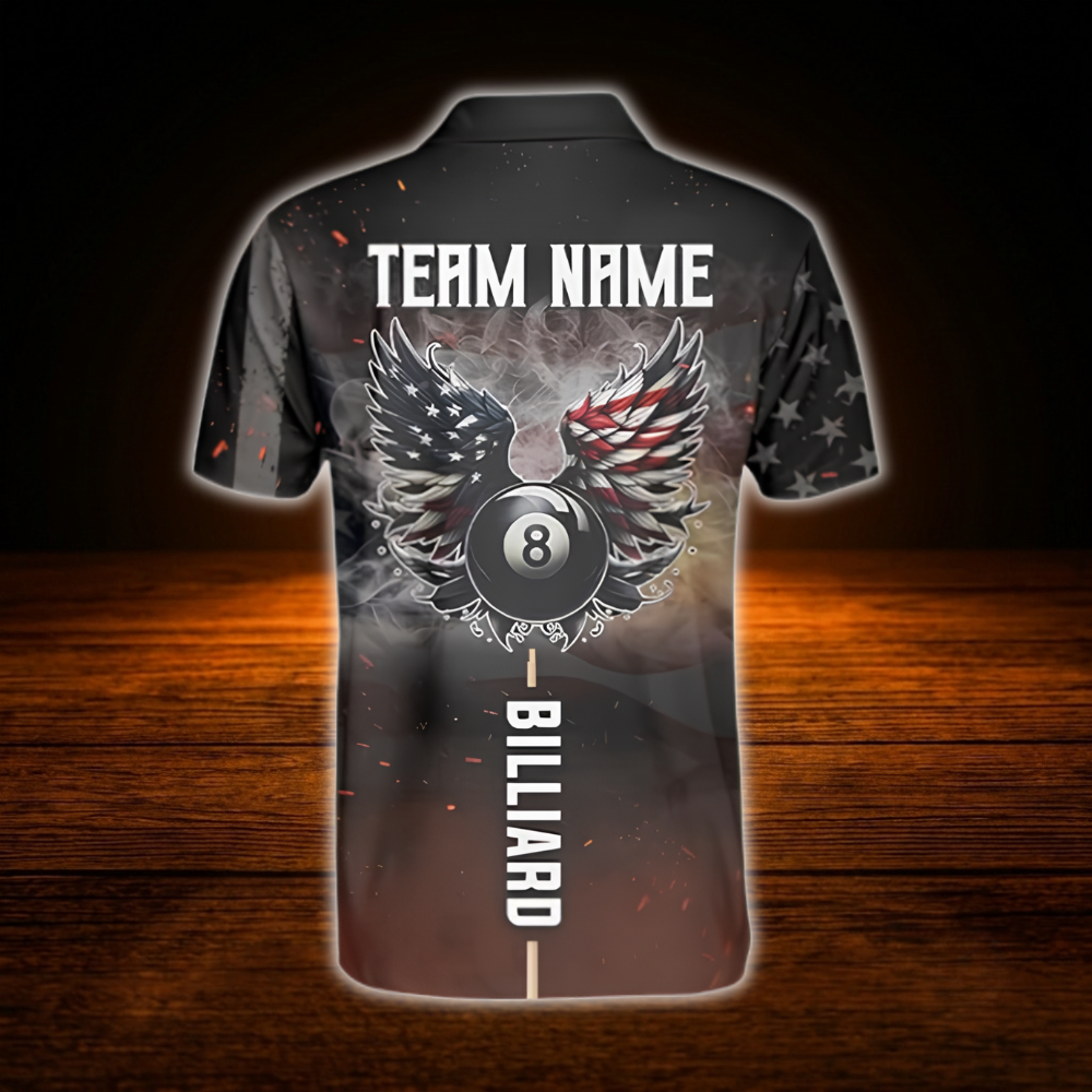 Custom 8 Ball USA Flag Smoke Billiard Polo Shirt, Custom Patriotic Billiard Shirt Team