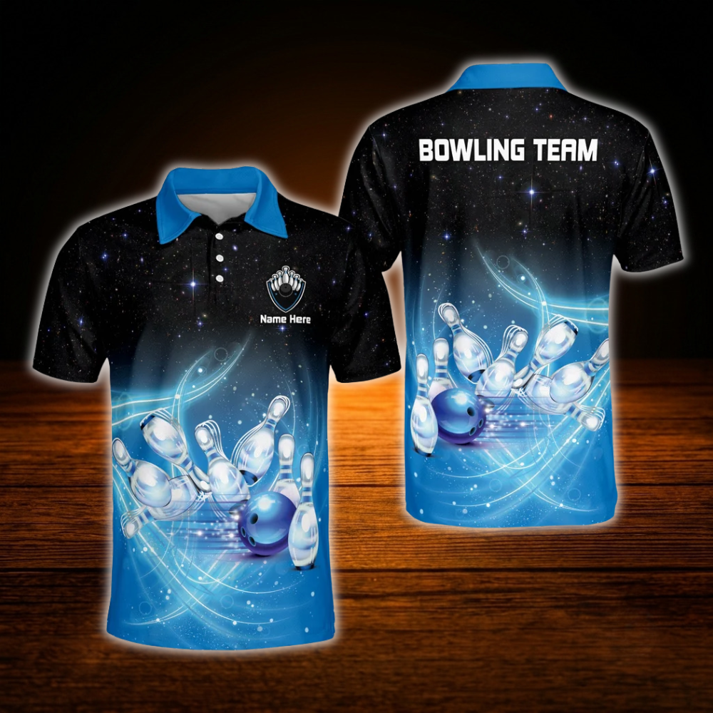 Custom Team Black And Blue Bowling Polo Shirts For Men, Custom Bowling Shirts
