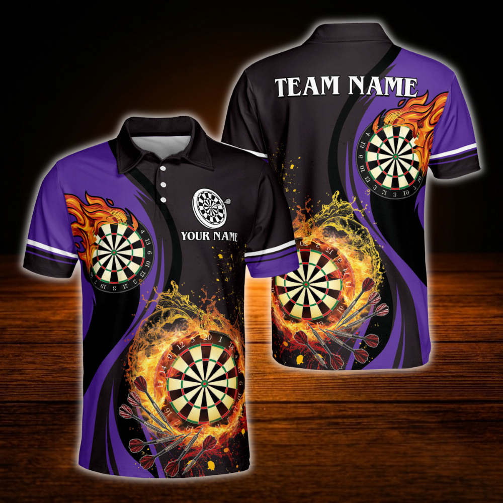 Custom Flaming Dartboard Men's Dart Polo Shirt, Personalized Flame Darts Shirt For Team