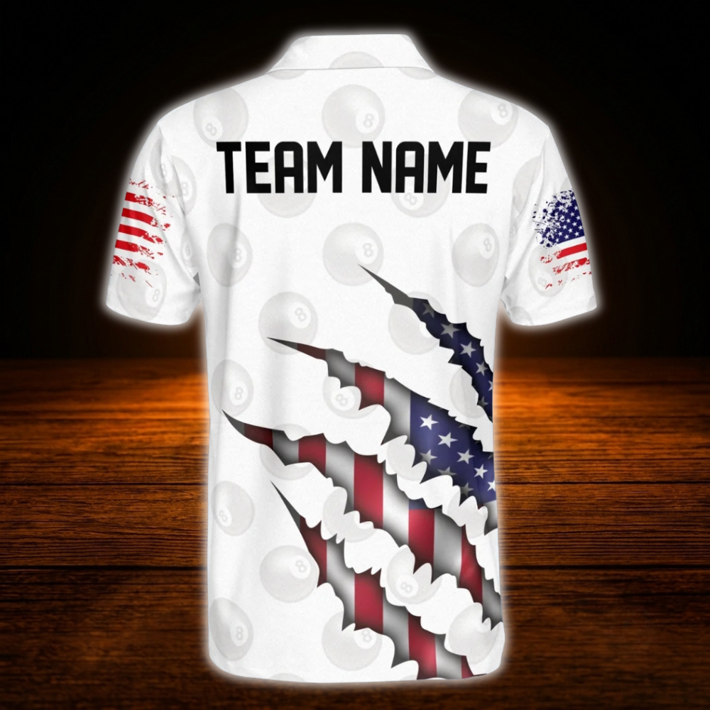 Custom USA Flag White Grunge Men's Billiard Polo Shirt, Custom Patriotic Billiard Team Shirt