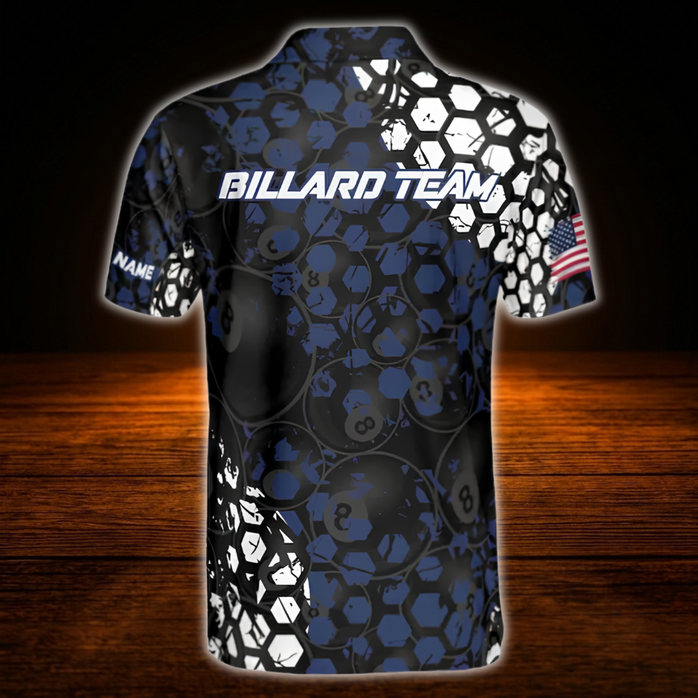 Custom 8 Ball Men's Hexagon Blue Navy Billiard Polo Shirt, Custom 8 Ball Pool Team Shirt