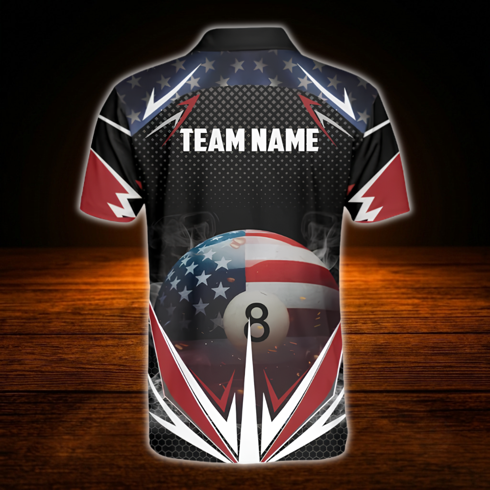 American Flag 8 Ball Custom Men Billiard Polo Shirt, Custom Patriotic Billiard Shirt For Team
