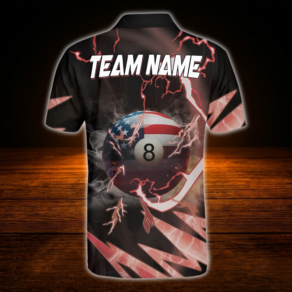 Custom Thunder 8 Ball USA Flag Billiard Polo Shirt For Men, Custom Patriot Team Billiard Shirt