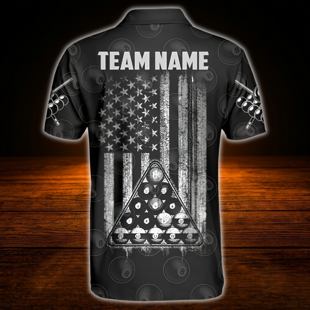 8 Ball USA Flag Custom Black Billiard Polo Shirt For Men, Custom Patriotic Billiard Shirt For Team