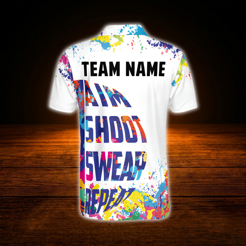 Aim Shoot Sweat Repeat Custom Colorful 8 Ball Men's Billiard Polo Shirt, Custom Funny Billiard Shirt Team