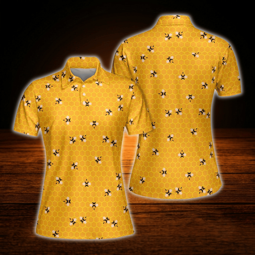 Yellow Bee Honeycomb Ladies Golf Polo Shirt, Bee Golf Shirt For Women