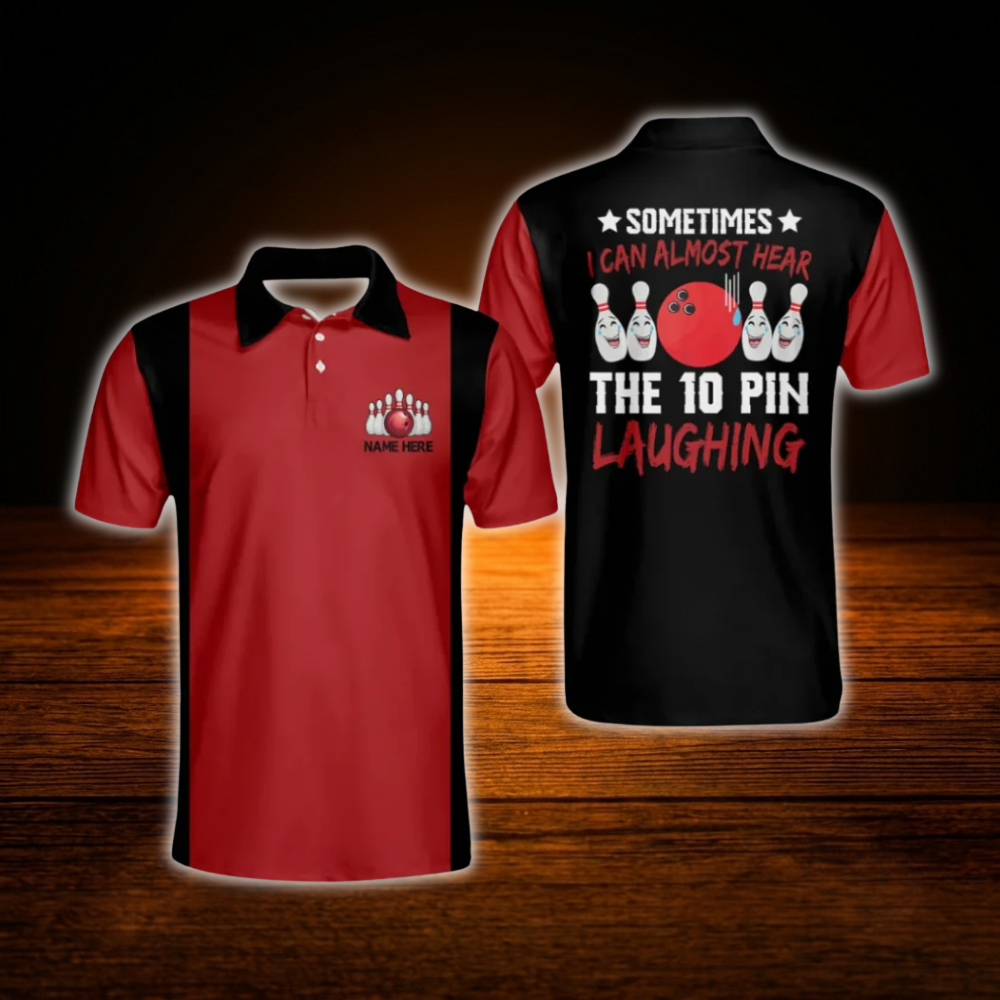 Sometimes I Can Almost Hear the Ten Pin Laughing Custom Black And Red Mens Bowling Polo Shirts, Custom Funny Bowling Shirts
