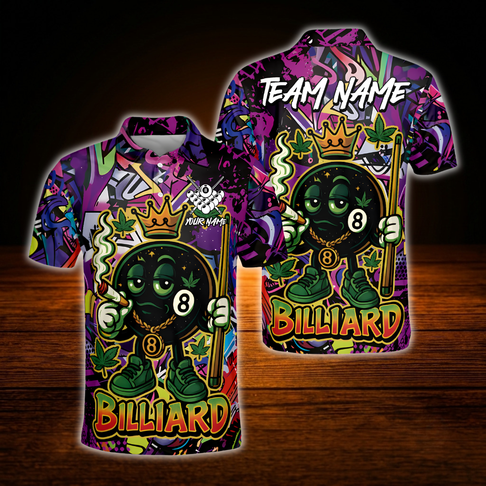 Custom Funny 8 Ball Smoking Men's Billiard Polo Shirt Green Graffiti, Custom 8 Ball Team Billiard Shirt