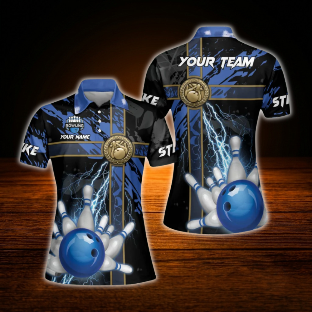 Custom Thunder Blue Ladies Bowling Polo Shirts, Custom Thunder Bowling Team Shirts For Women
