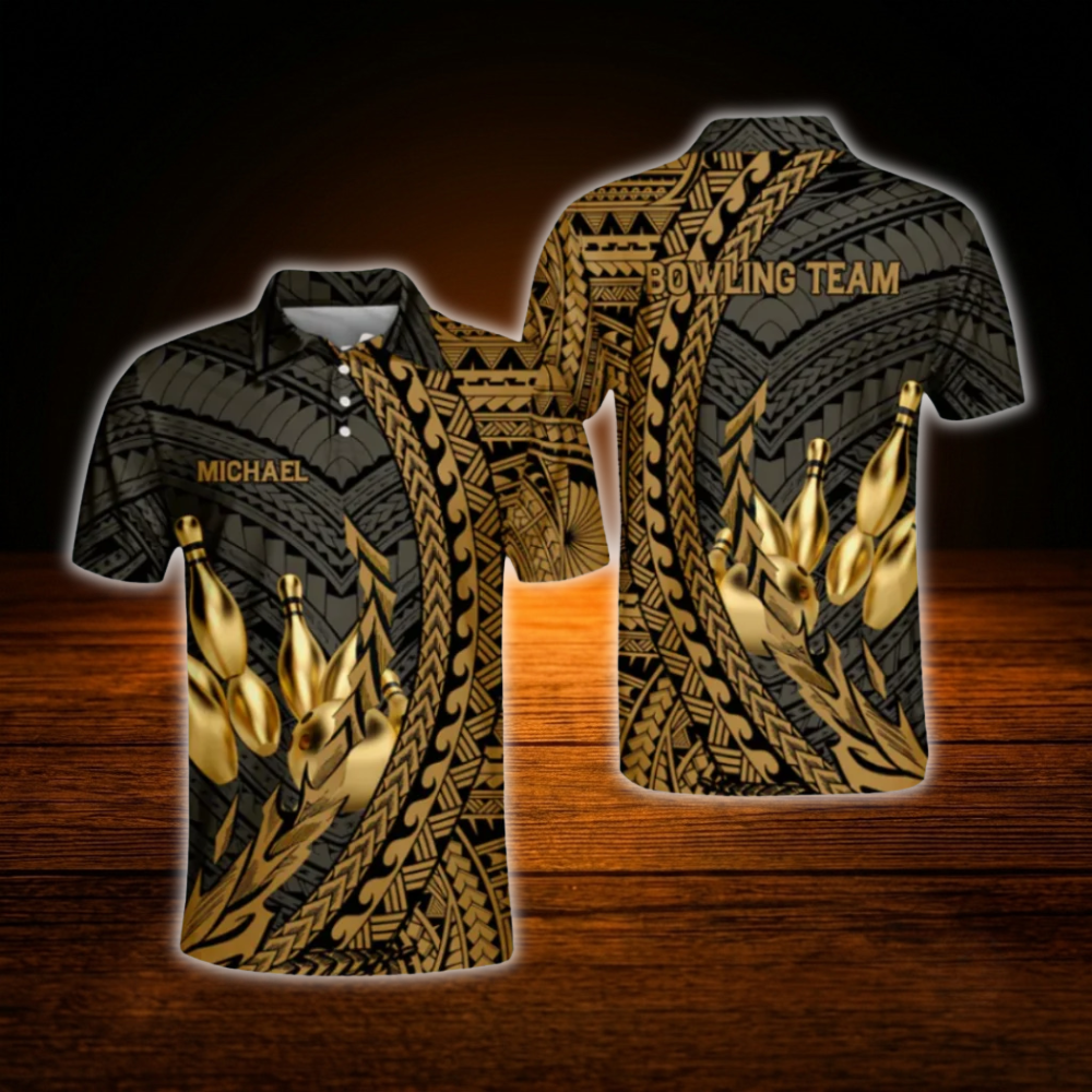 Custom Tribal Gold Bowling Polo Shirts Mens, Custom Tribal Bowling Shirts
