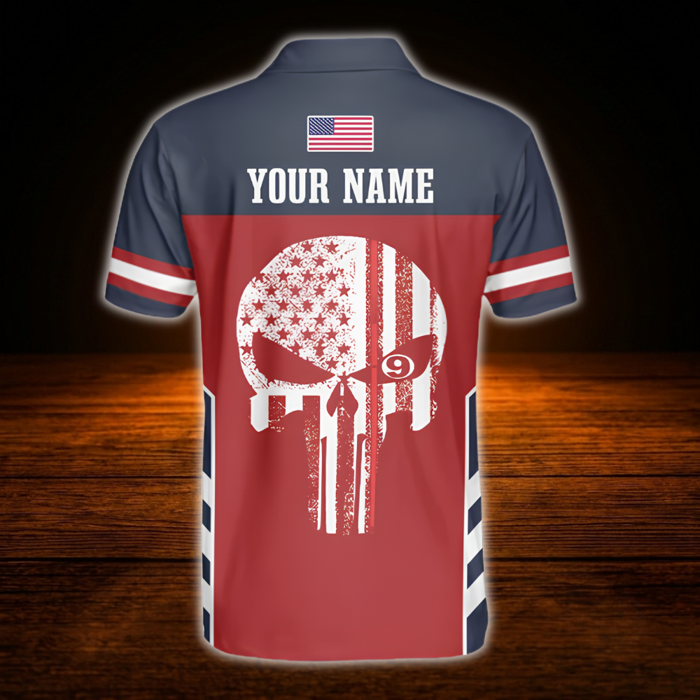 Skull USA Flag Custom Red Navy Billiard Mens Polo Shirt, Custom Skull Billiard Team Shirt