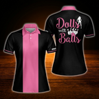 Dolls With Balls Custom Black And Pink Women Bowling Polo Shirts, Custom Funny Women Bowling Shirts