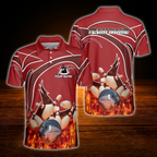 Red Flame Custom Bowling Polo Shirts For Men, Custom Flame Bowling Team Shirts