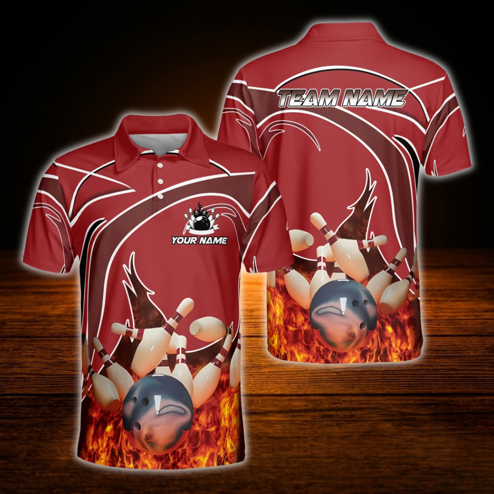 Red Flame Custom Bowling Polo Shirts For Men, Custom Flame Bowling Team Shirts