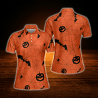 Bat and Pumpkin Halloween Orange Ladies Golf Polo Shirts,  Halloween Golf Shirt For Women