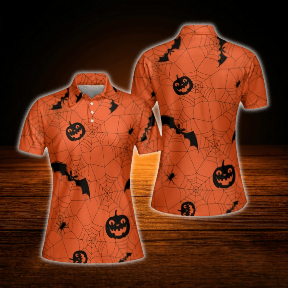 Bat and Pumpkin Halloween Orange Ladies Golf Polo Shirts,  Halloween Golf Shirt For Women