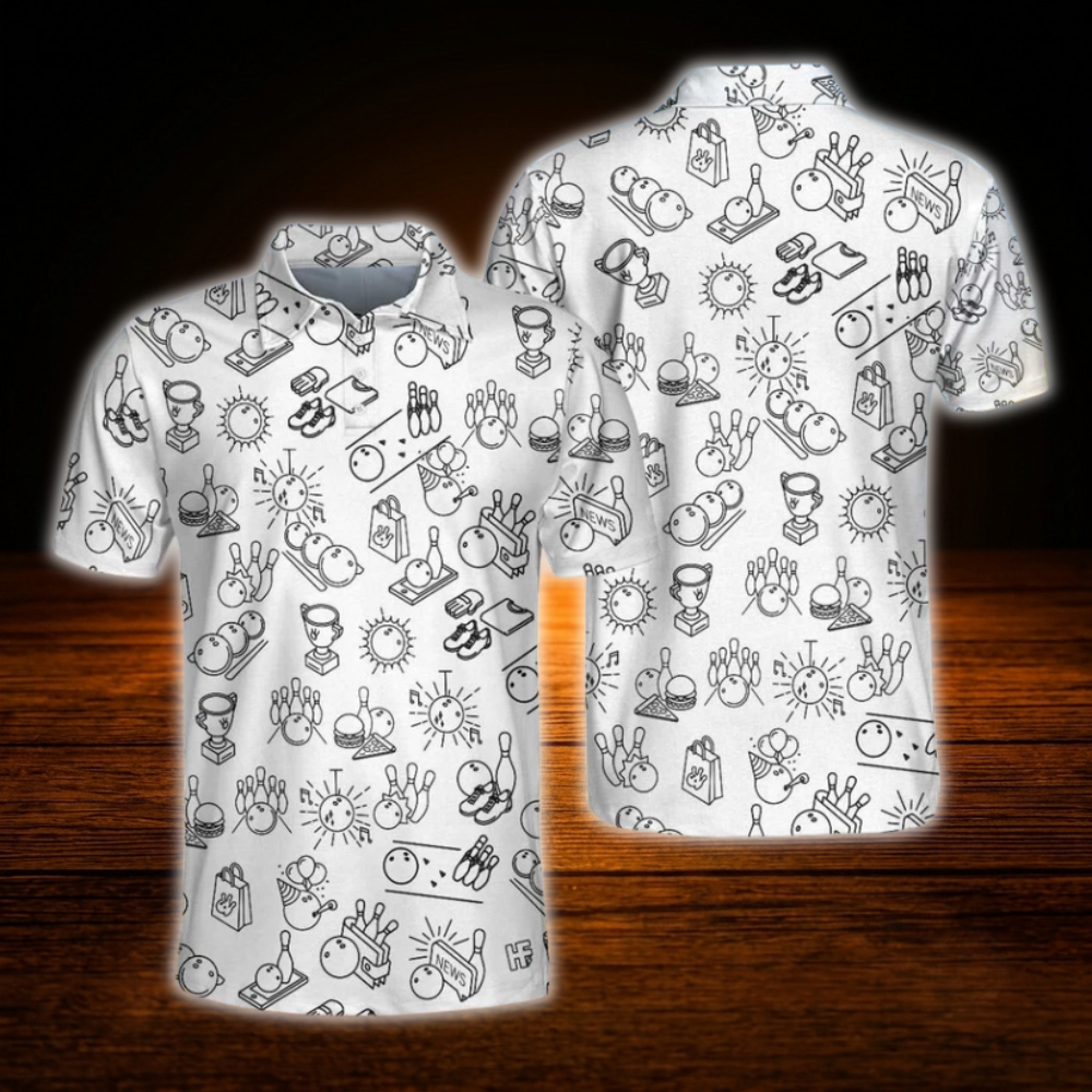 Bowling Doodle White Men's Polo Shirts, Bowling Shirts
