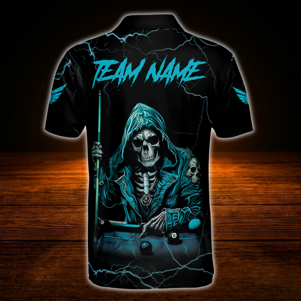 Skeleton Custom Black Cyan Billiard Men Polo Shirt, Custom Skull Billiard Shirt For Team
