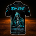 Skeleton Custom Black Cyan Billiard Men Polo Shirt, Custom Skull Billiard Shirt For Team