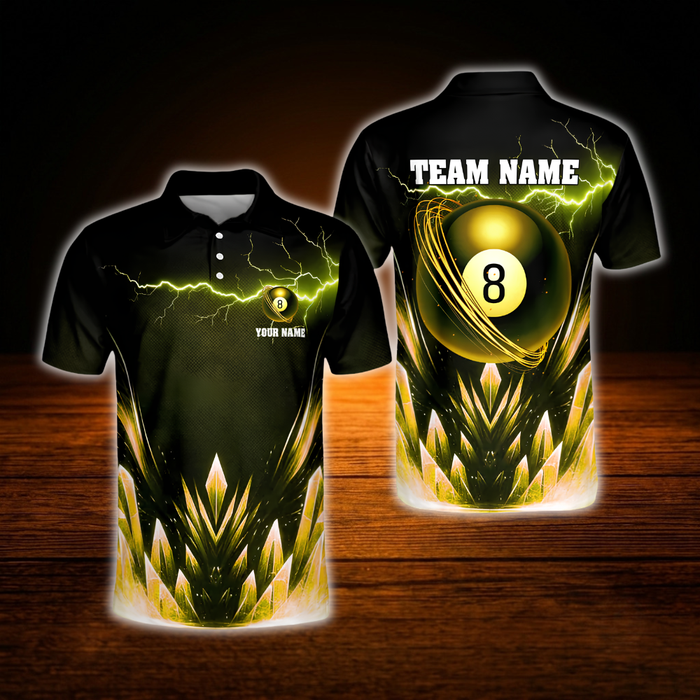 Custom 8 Ball Crystal Lighting Billiard Polo Shirt Men, Custom Team 8 Ball Billiard Shirt