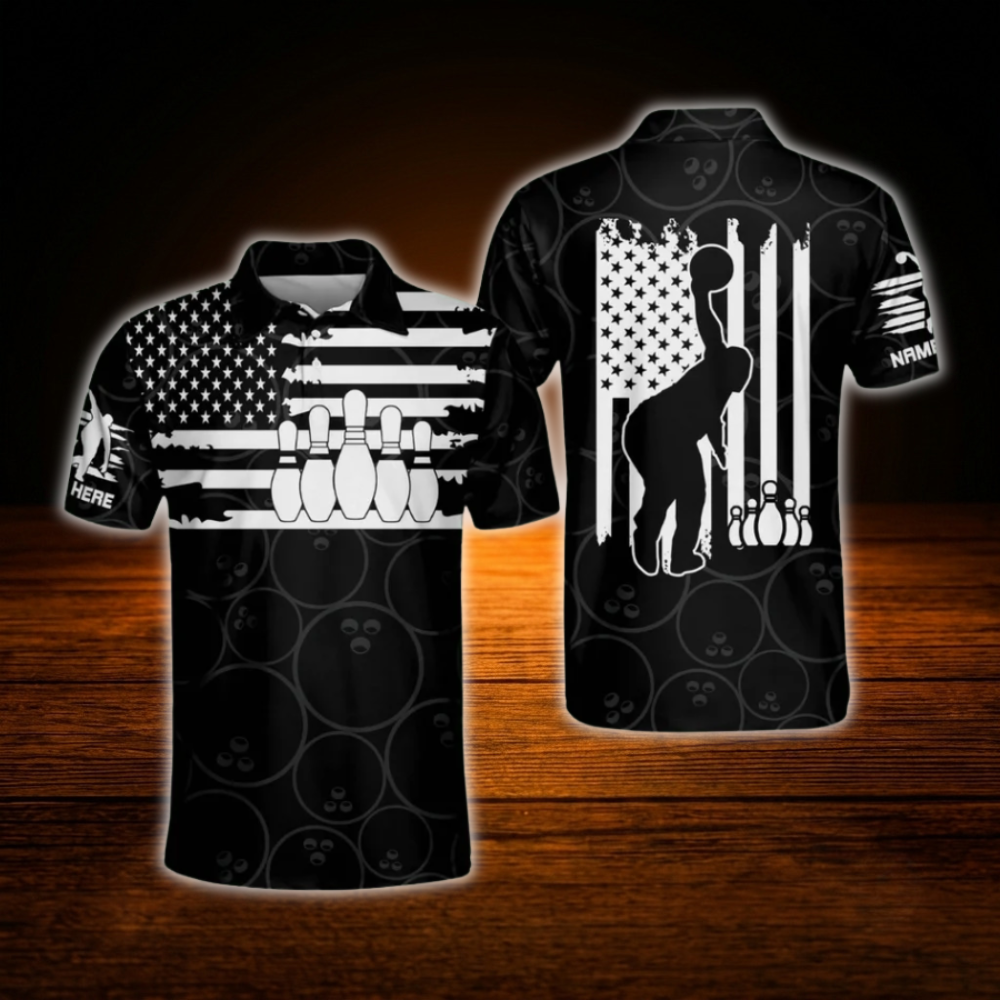Custom American Flag Black And White Bowling Polo Shirts For Men, Custom Patriotic Bowling Shirts