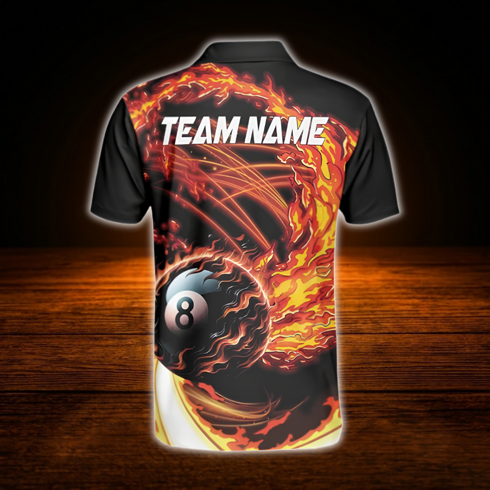 Custom Fire 8 Ball Billiard Men Polo Shirt, Custom Flame Billiard Shirt Team