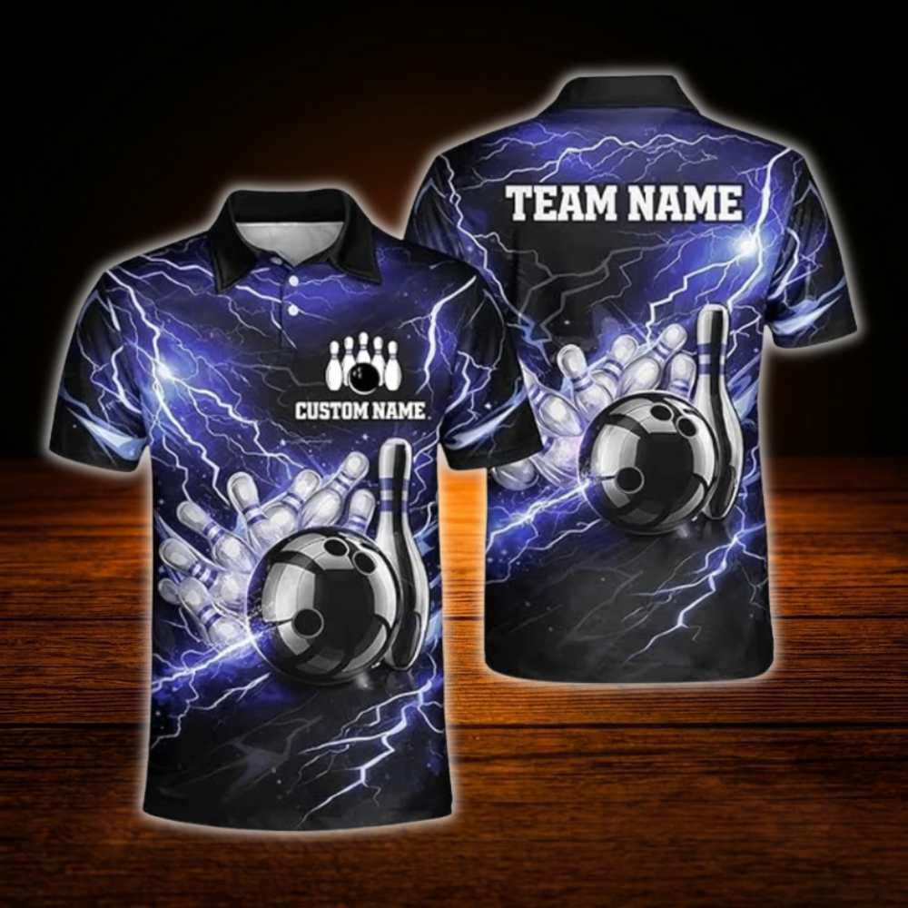 Custom Thunder Red Black Bowling Polo Shirts Mens, Custom Thunder Bowling Team Shirts