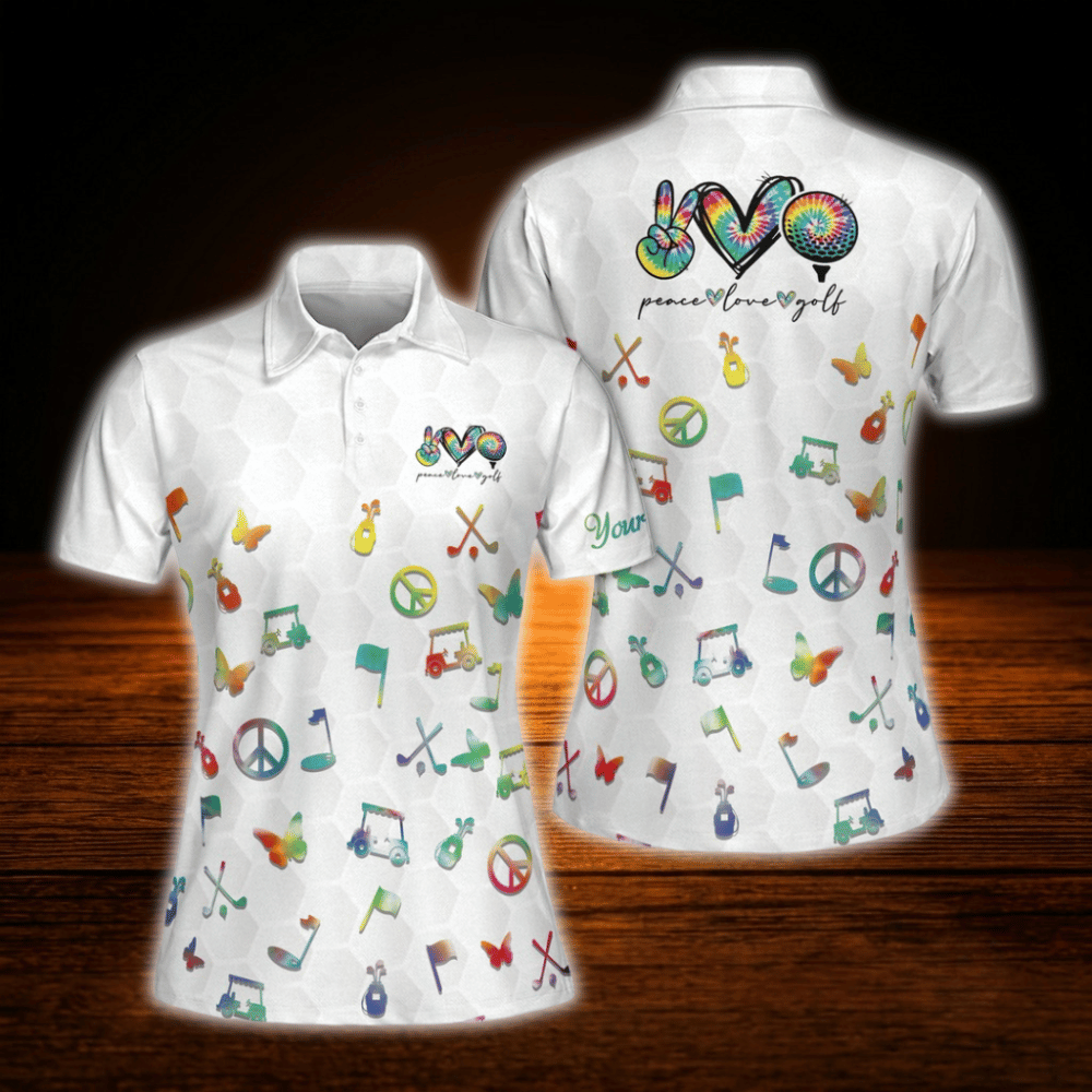 Custom Peace Love Golf Multi Colored Women's Golf Polo Shirts, Personalized Golf Shirts For Women
