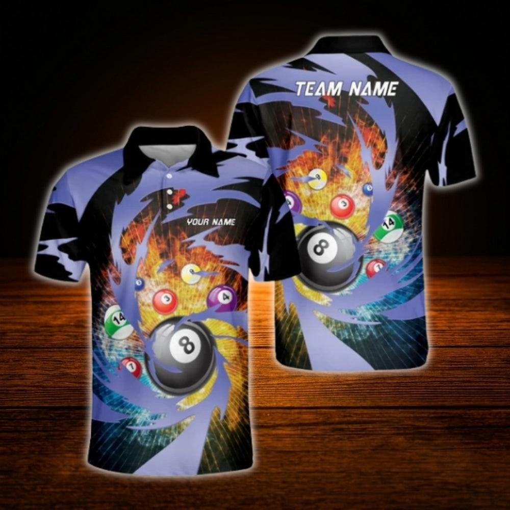 Custom Flaming Billiard Men Polo Shirt Blue Black, Custom Flame Billiard Shirt For Team