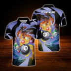 Custom Flaming Billiard Men Polo Shirt Blue Black, Custom Flame Billiard Shirt For Team