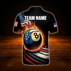 Custom 8 Ball American Flag Fire Men's Billiard Polo Shirt, Custom Patriotic Billiard Team Shirt