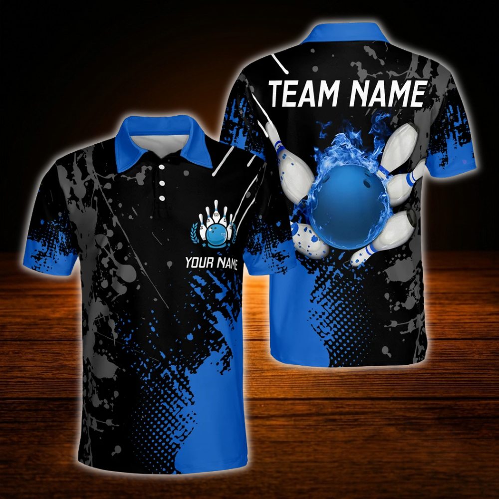 Custom Flame Blue Bowling Polo Shirts For Men, Custom Flame Bowling Team Shirts
