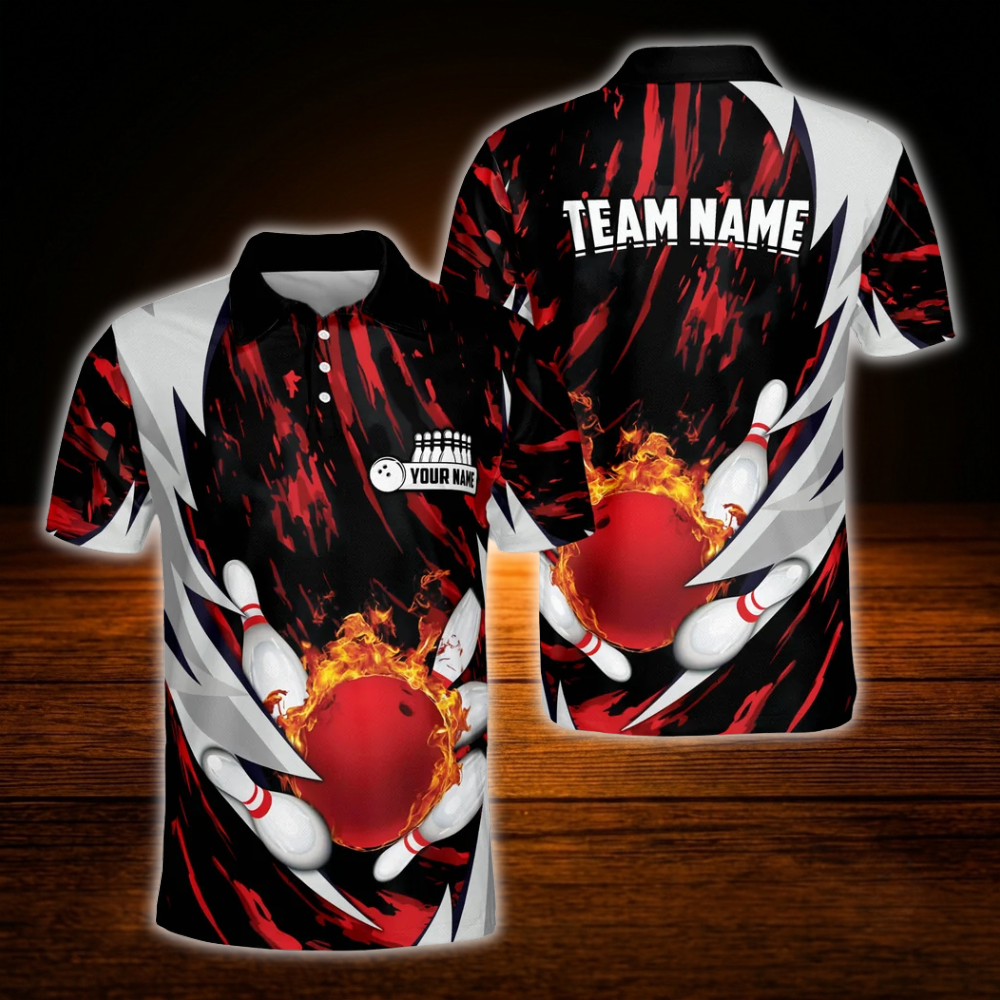 Blue Flame Pin Custom Bowling Polo Shirts Mens, Custom Flame Bowling Team Shirts