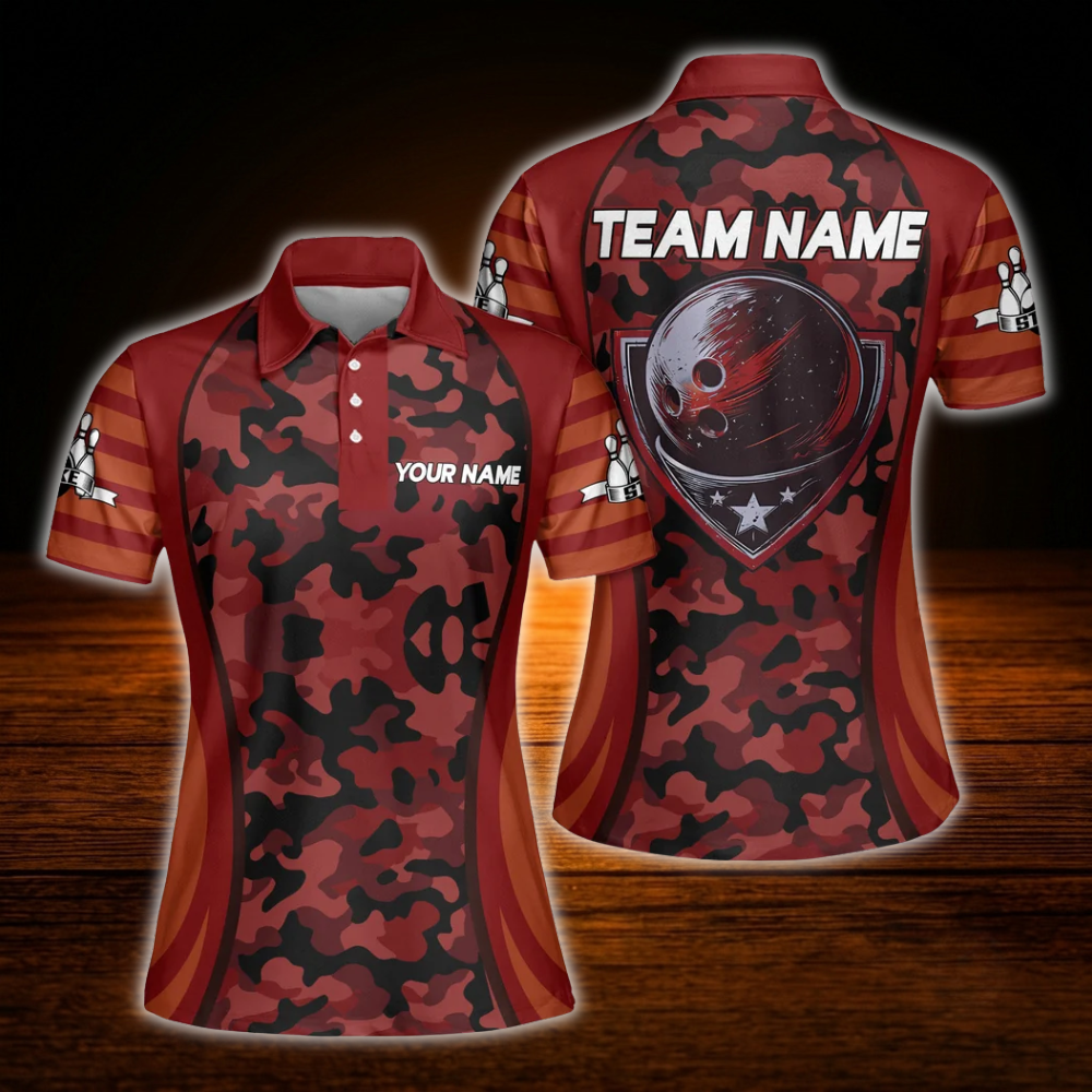 Custom Camo Green Bowling Polo Shirts Women, Custom Camo Bowling Team Shirts For Women