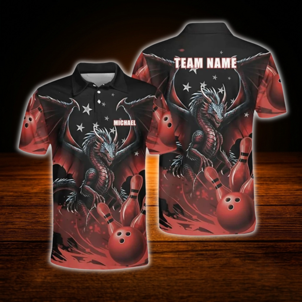 Custom Dragon Black Red Polo Bowling Shirts Mens, Custom Dragon Bowling Team Shirts