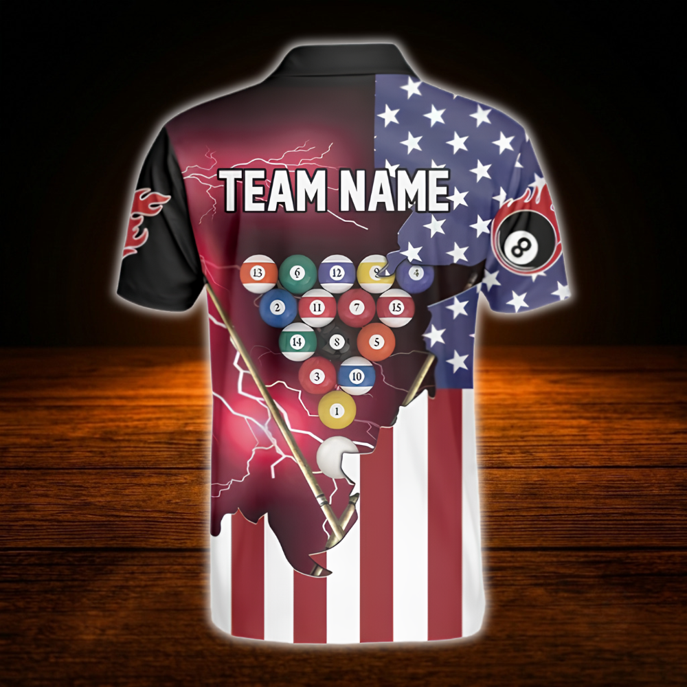 American Flag Custom Mens Billiard Polo Shirt For Men, Custom Patriotic Billiard Team Shirt